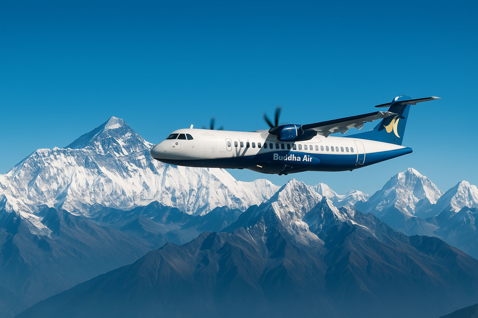 Buddha Air aircraft flying past Mount Everest on a Nepal mountain flight